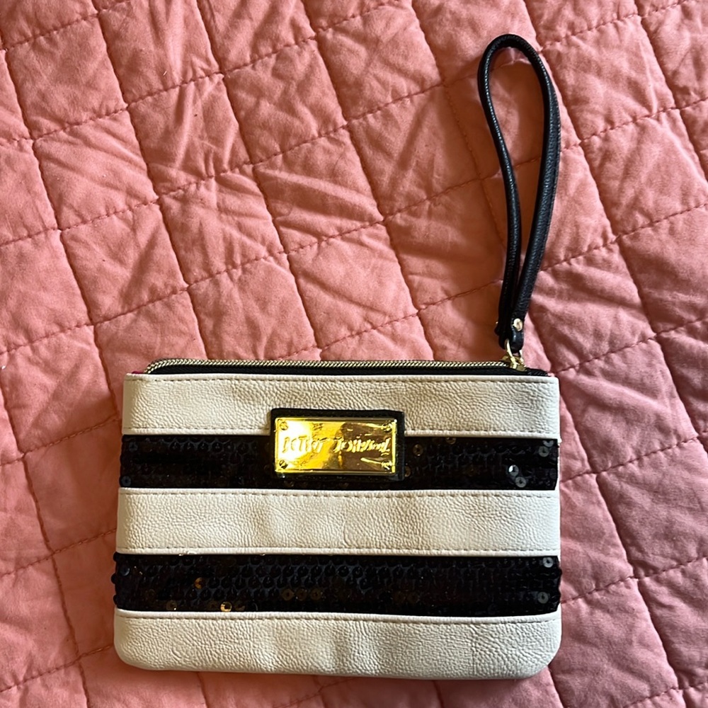 Betsey Johnson small make up bag in very good condition black sequins and ivory